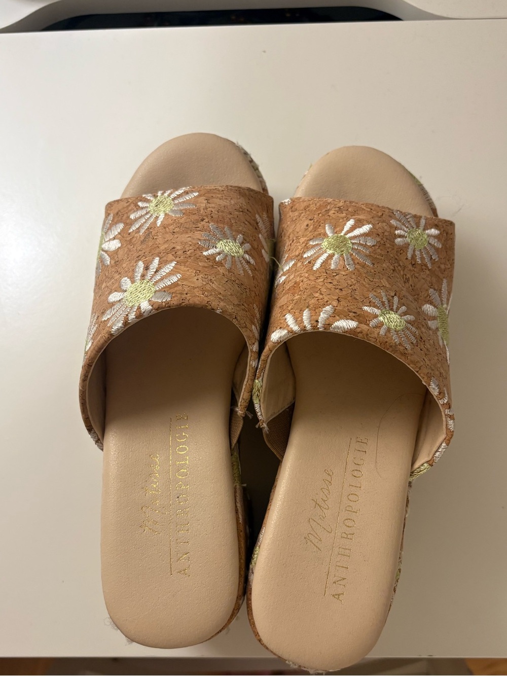 Platform Slide Sandals in Cork with Daisy Embroidery - Picture 3 of 4